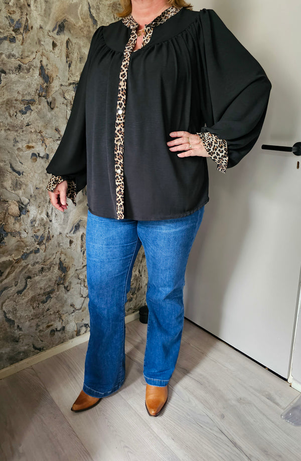 LEOPARD BLOUSE KNOOP | ZWART