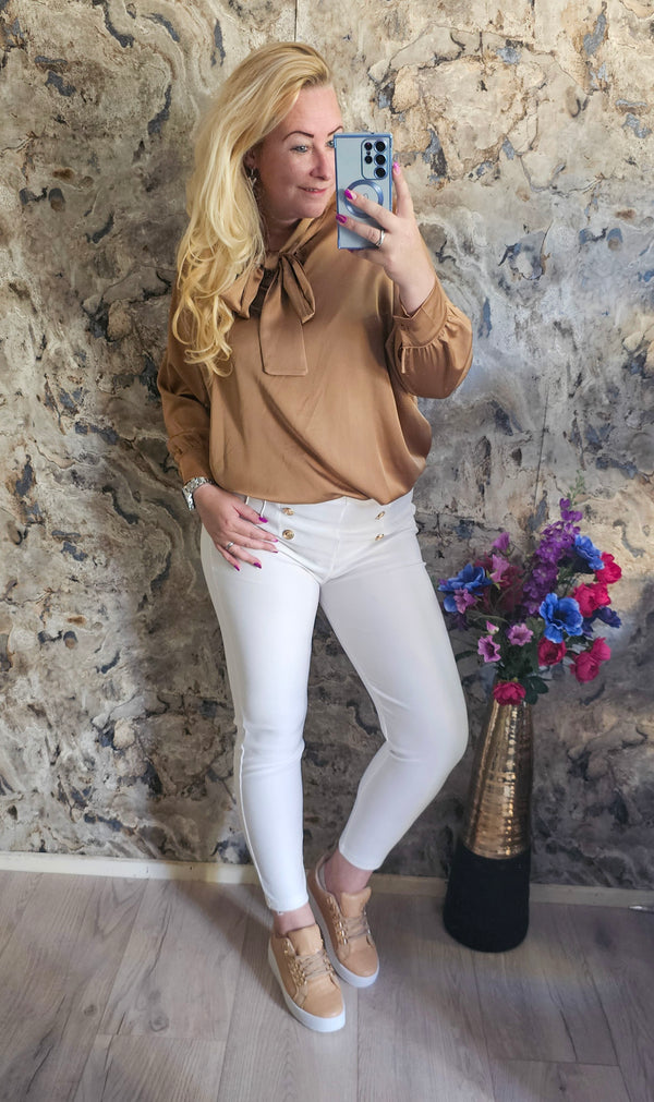 BLOUSE SATIN STRIK | GOUD/BRUIN