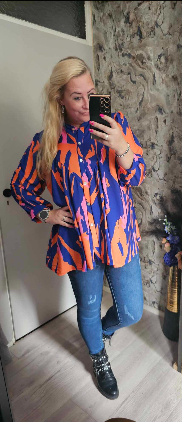 BLOUSE PRINT | BLAUW/ORANJE